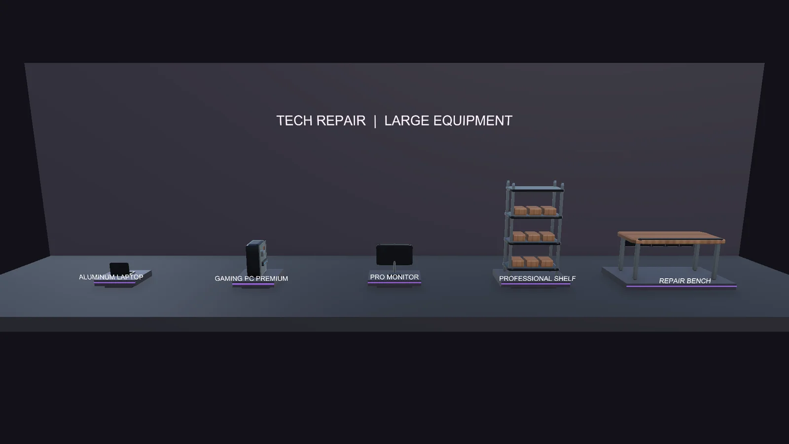 Unity rendering of the laptop, gaming computer, monitor, shelf, and repair bench