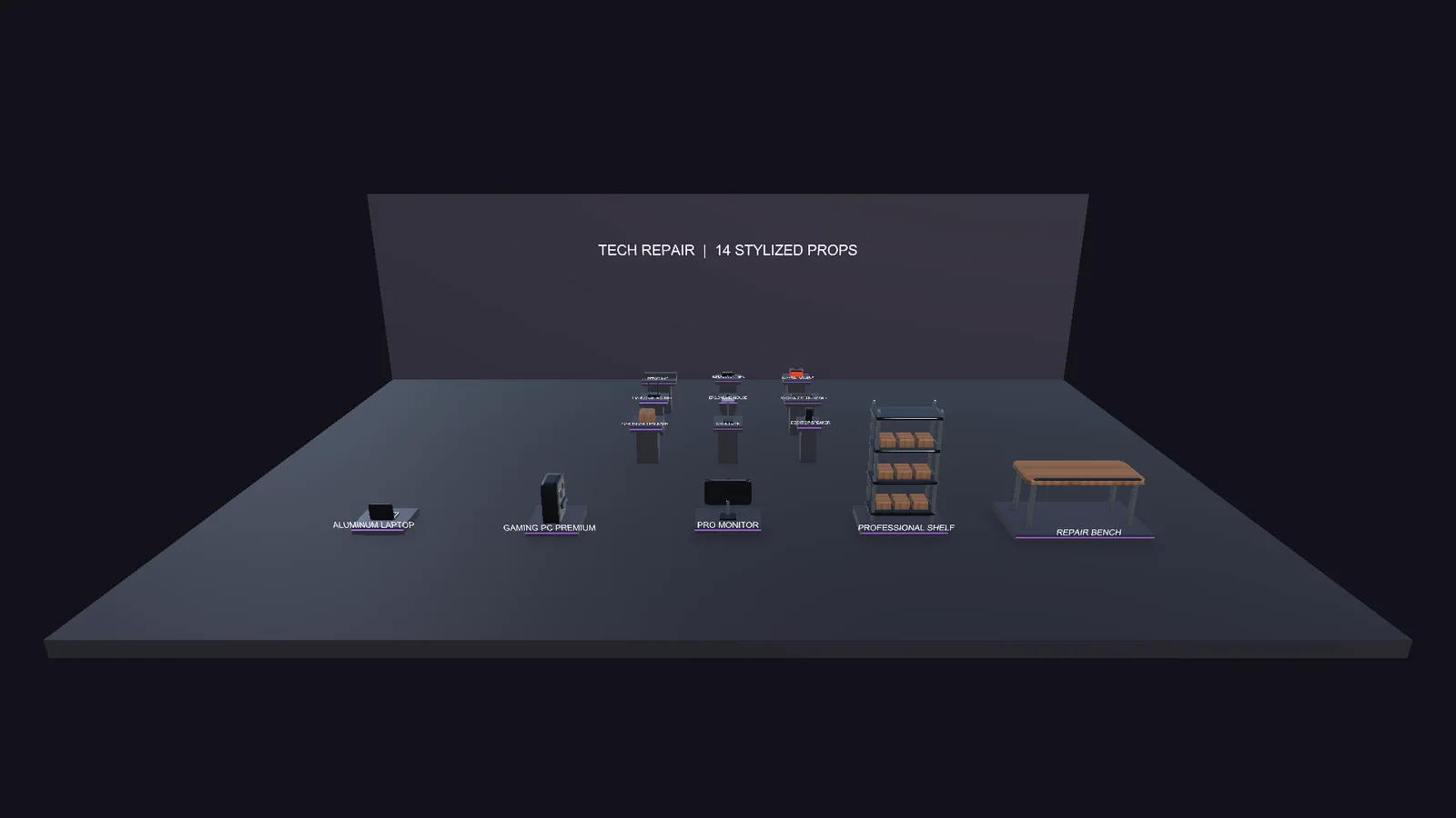 Overview of the actual TECH REPAIR stylized 3D asset collection in Unity